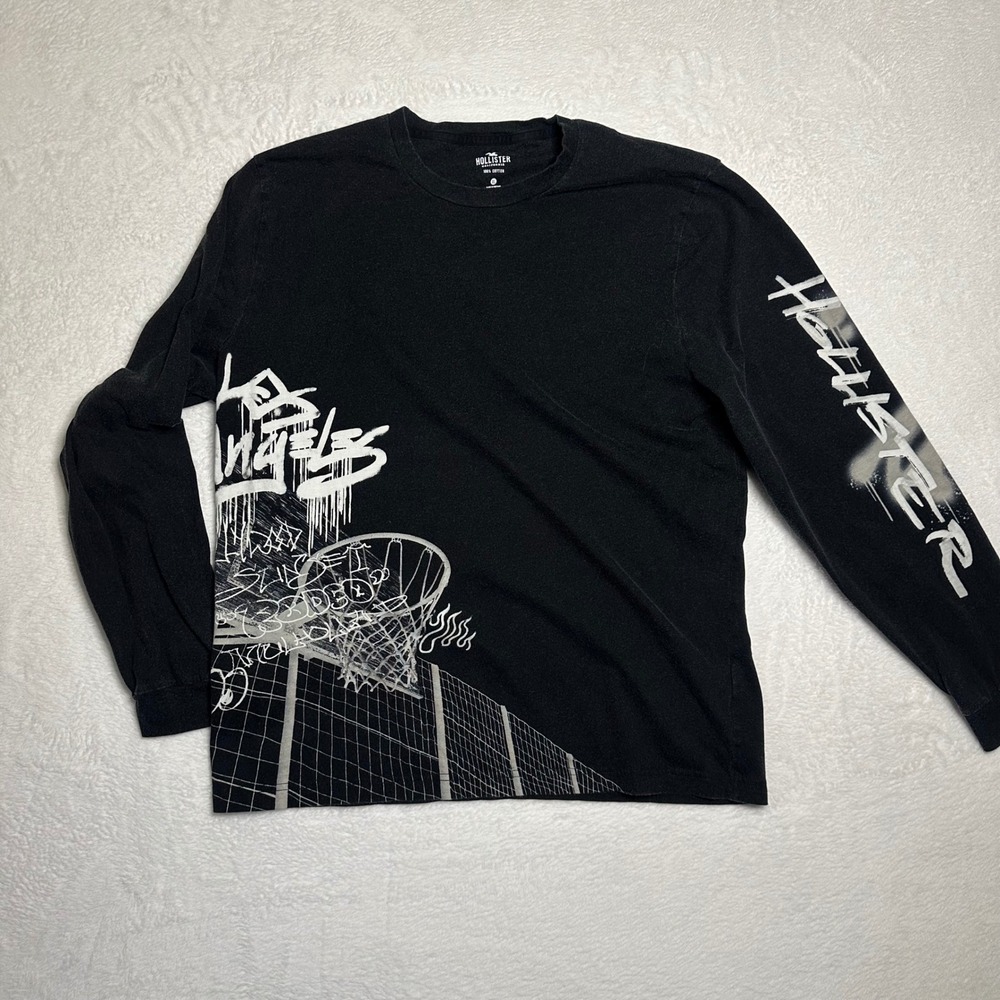 Hollister Mens XL Long Sleeve T-Shirt Black Los Angeles Basketball Graffiti Tee